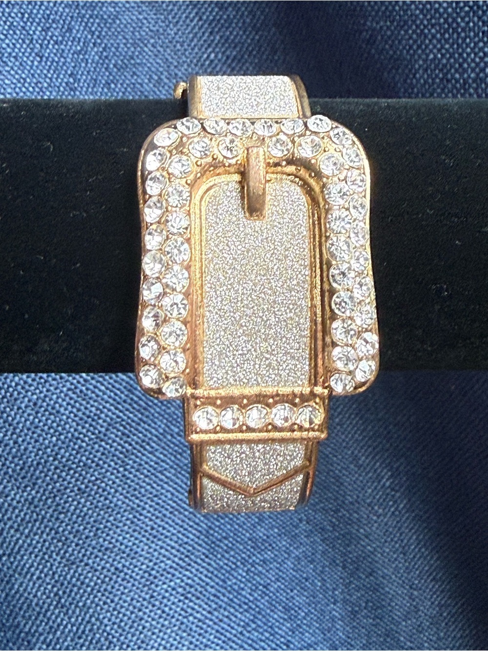 Gold Tone Rhinestone Belt Buckle Hinged Cuff Bracelet